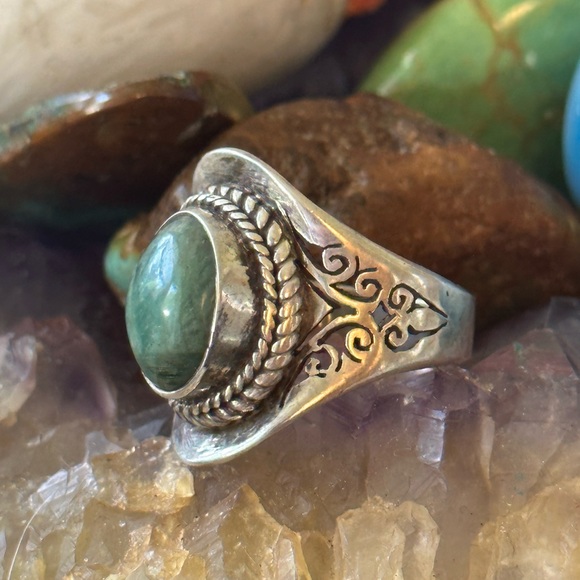 Green chalcedony 925 boho 925 solid sterling silver ring - Picture 3 of 7